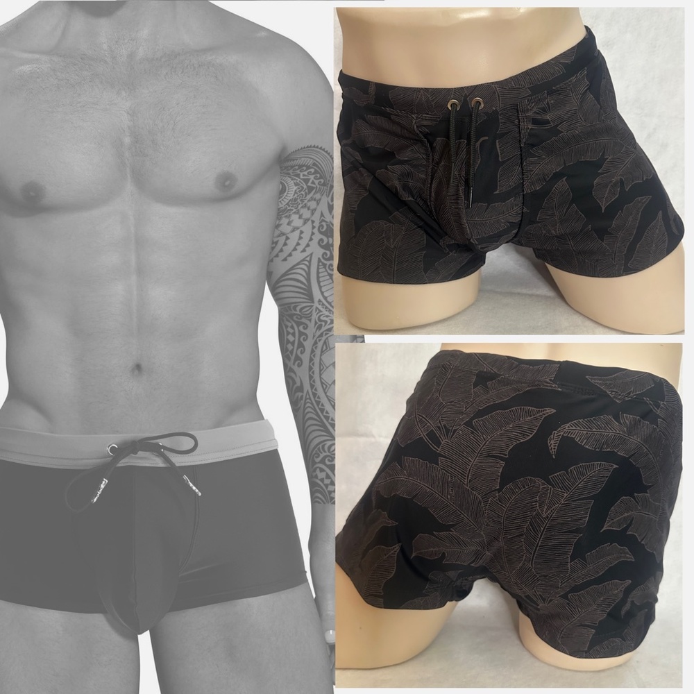 Men's Black Leaf-Print Swim Trunks